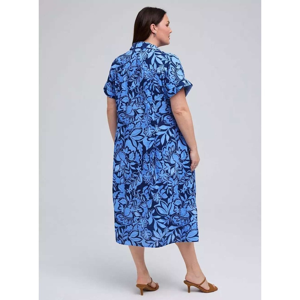Belle Asle Blue Floral Organic Linen Midi Caftan Dress Short Sleeve Pocket - Picture 5 of 16
